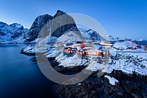 FishermenÃ¢â¬â¢s cabins rorbu in the Hamnoy village at twilight in winter season, Lofoten islands, Norway